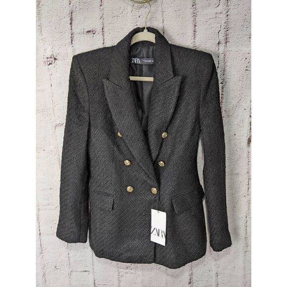 Zara Black Gold Tone Buttoned Textured Weave Double Breasted Blazer sz M Medium - Picture 3 of 10